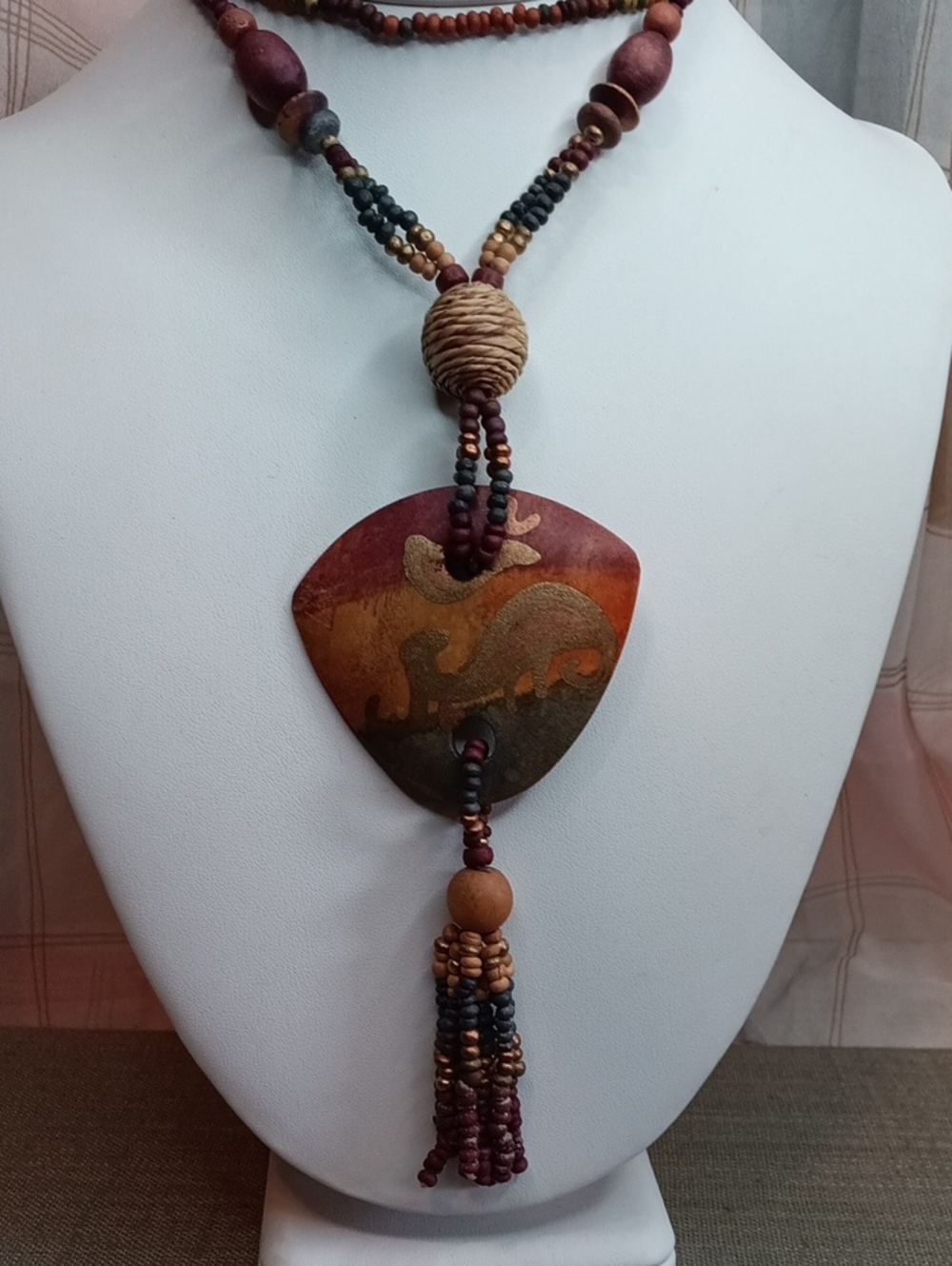 Tribal Style Earth Tone Wood Bead Tassel Pendant Necklace 24" Long